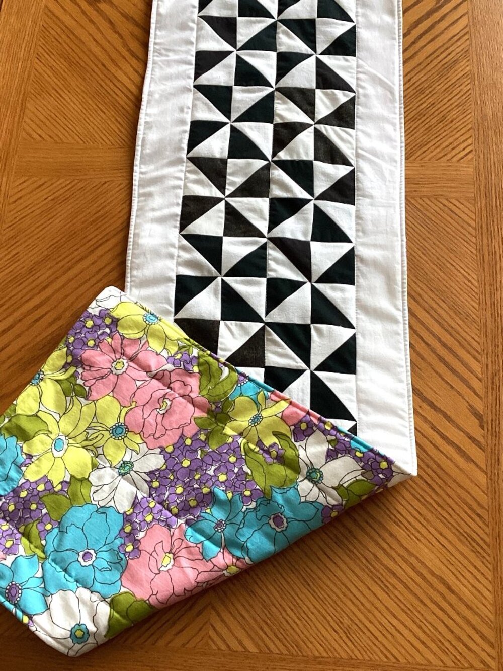 Handmade Quilted Reversable Black & White Table Runner Table Linens Home Decor